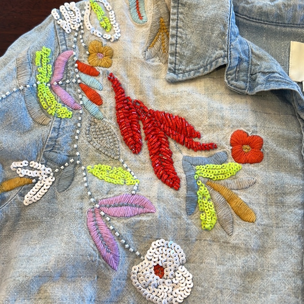 Maeve Light Blue Chambray Button-Down Shirt with Multicolor Embroidery - Picture 6 of 13